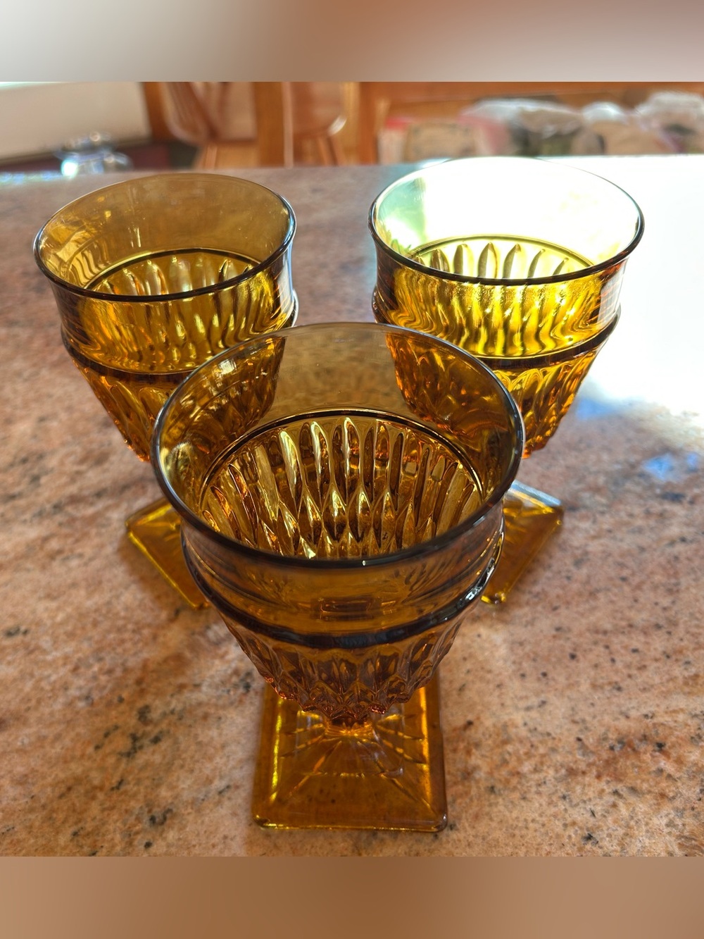 Jeanette Glass 1930’s Topaz Herringbone Pattern Goblets Pedestal Foot 12 oz (3)
